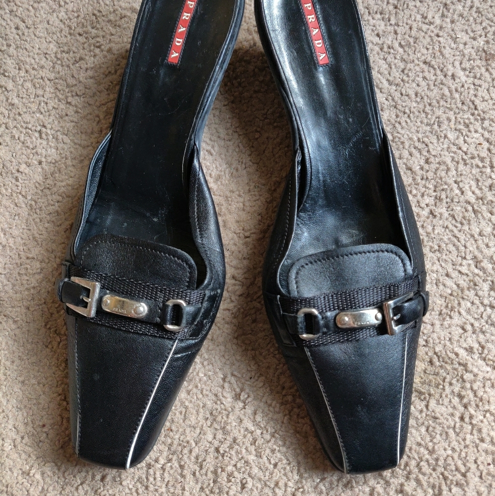 Prada black slide on kitten heels